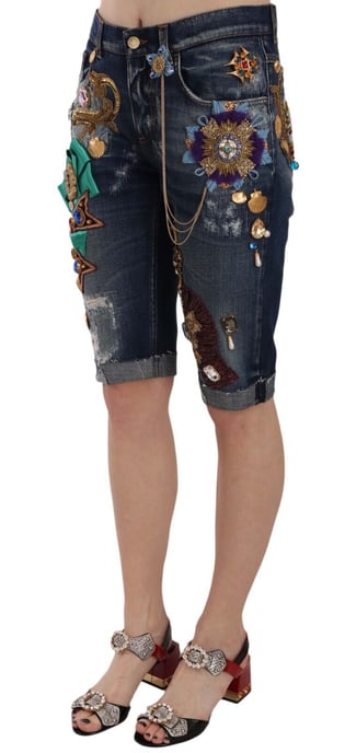 Shorts Capri de Cristales Azul de Mezclilla Media Cintura para Mujer de Dolce & Gabbana - Image 3