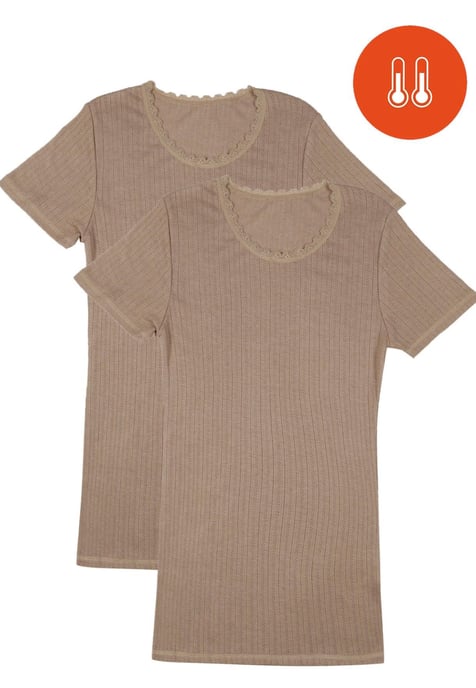 Lote de 2 camisetas térmicas de manga corta de pointelle beige para mujer - Image 1