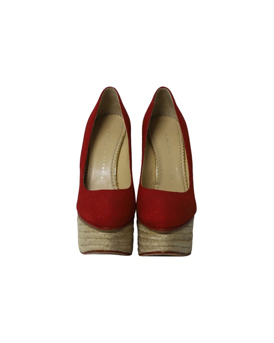 Charlotte Olympia Carmen Espadrille Platform Wedge Pumps in Red Canvas - Image 2