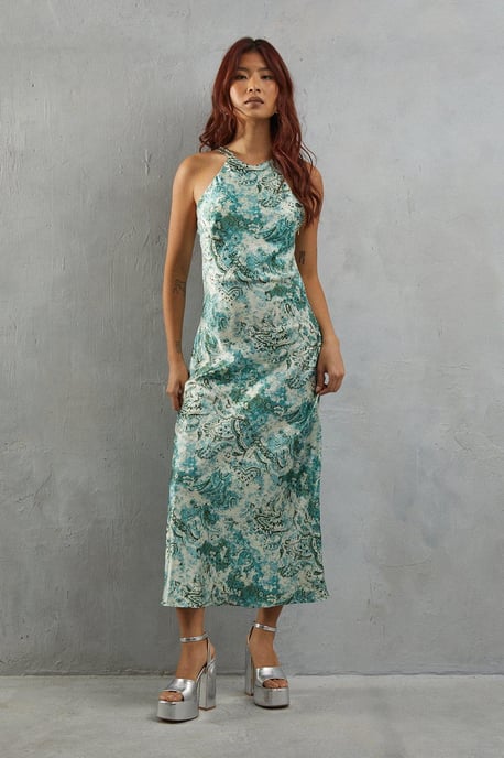 Paisley Print Satin Strappy Back Slip Dress