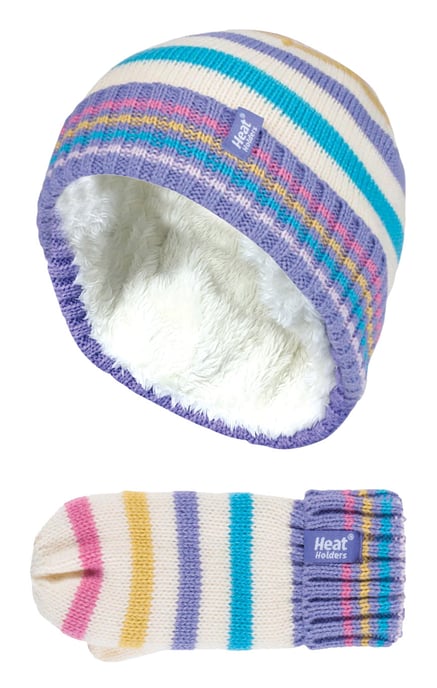 Heat Holders - Juego de gorro y manoplas térmicas de invierno para niñas con forro polar de punto a rayas de colores - CS2P11 - Image 1