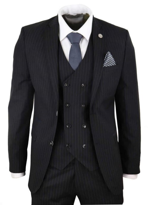 Traje retro de tres piezas de raya diplomática negra para hombre - Image 1