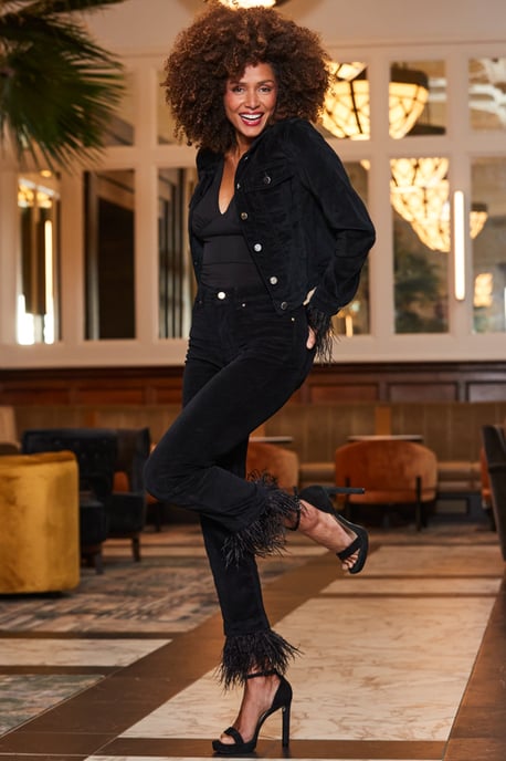 Black Velvet Denim Jacket With Feather Trim