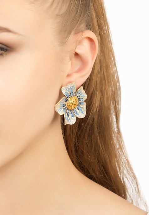 Pansy Flower Blue Earrings Gold - Image 2