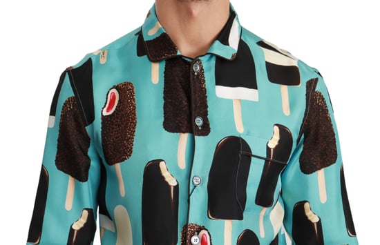 Camisa Casual para Hombre de Seda Azul con Estampado de Helado de Dolce & Gabbana - Image 3
