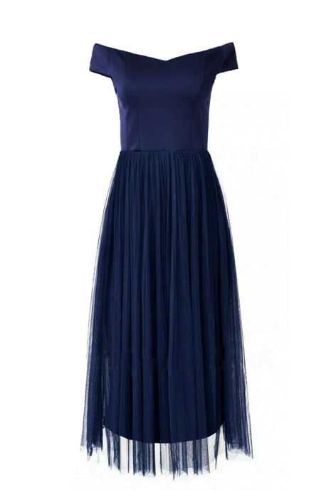 Navy Bardot Midi Dress