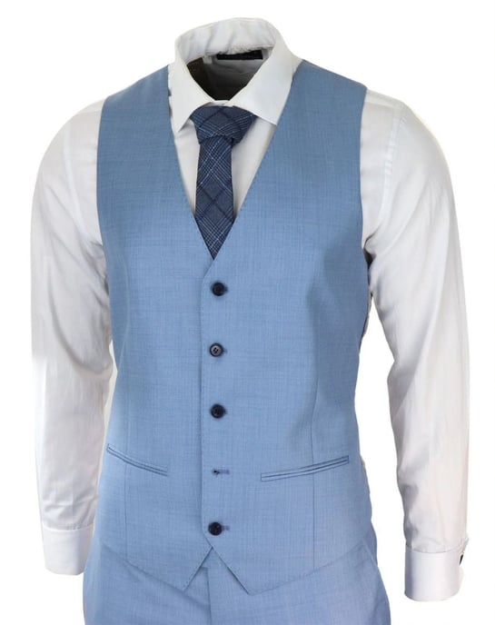 Traje retro clásico de 3 piezas con puntadas en azul claro para hombre - Image 2