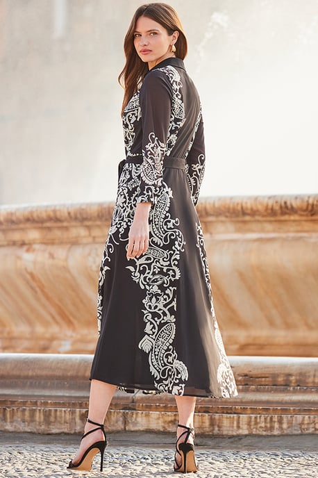 Black & White Floral Print Belted Midi Shirt Dress