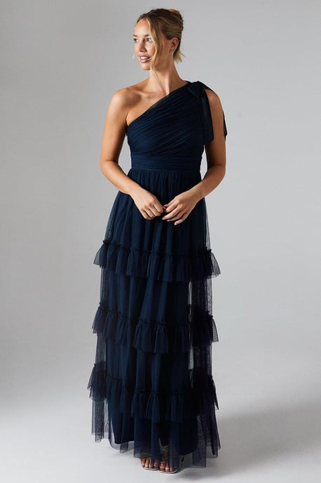 Pleated Mesh One Shoulder Tiered Bridesmaids Dress - Image 1