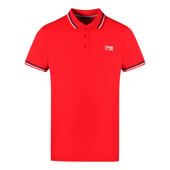 Camiseta Polo Roja con Logo Blanco y Collar a Rayas Doble de Cavalli Class - Image 1