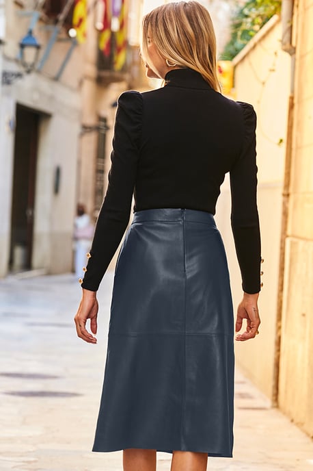 Grey Leather A-Line Skirt With Pockets