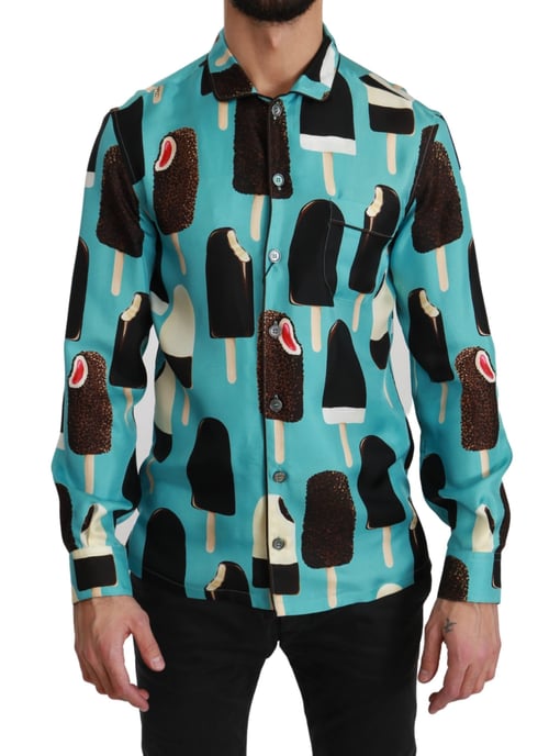 Camisa Casual para Hombre de Seda Azul con Estampado de Helado de Dolce & Gabbana - Image 1