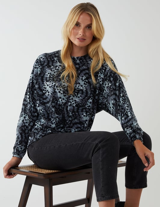 Black Butterfly Print Knot Top