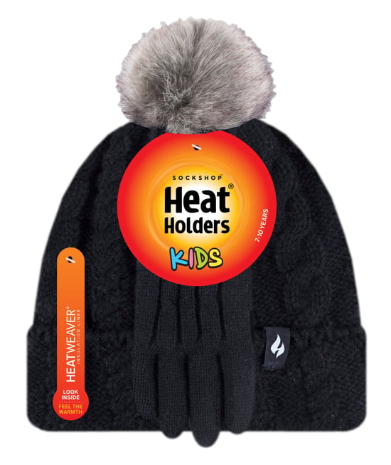 Heat Holders - Set de Sombrero con Pom Pom y Guantes para Niñas | Sombrero con Puño Doblado y Estilo de Guantes de Punto Trenzado - Negro - Image 2