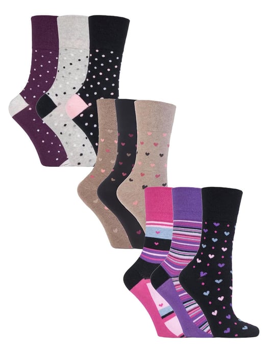 Paquete múltiple de 9 pares de calcetines no elásticos de algodón para mujer - Gentle Grip - Soft Top Striped Patterned Non Binding Socks - Heart Mix - Image 1
