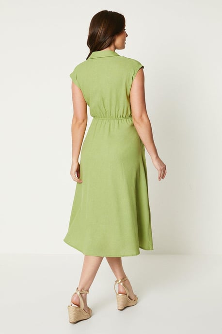 Linen Blend Belted Midi Dress