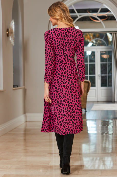 Pink & Black Animal Print Fit & Flare Midi Dress