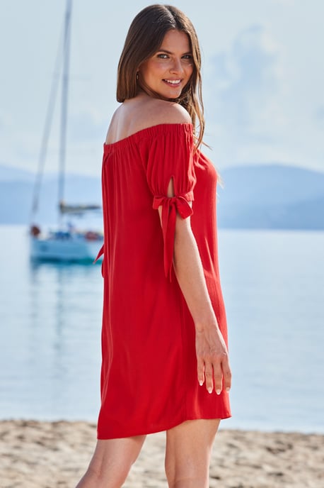 Red Crinkle Bardot Shift Dress