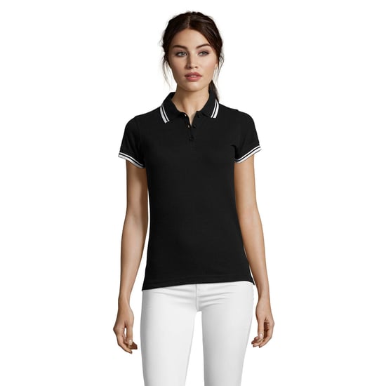 SOLS Womens/Ladies Pasadena Tipped Short Sleeve Pique Polo Shirt (Black/White) - Image 4