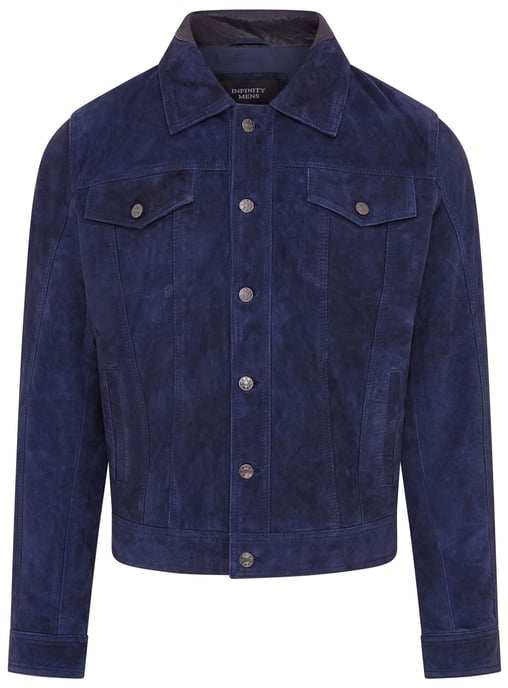 Mens Navy Blue Goat Suede Leather Jeans Jacket- Nurmes