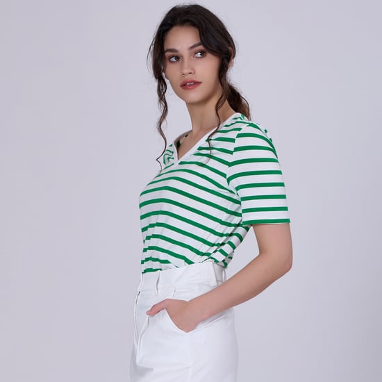 V neck stripes cotton T-shirt - Image 2