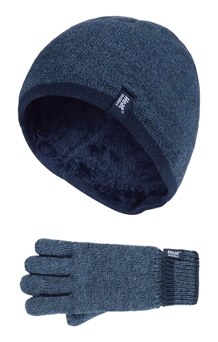 Heat Holders - Children Boys Winter Warm Fleece Lined Insulated Knit Turn Over Cuff Ribbed Hat and Gloves Set - DN2P8 - Image 1