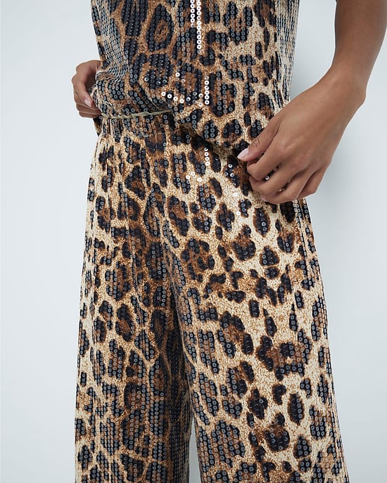 River Island Womens Trousers Petite Beige Leopard Print Sequin
