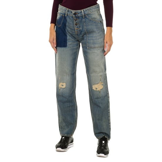 Women's long worn and torn effect denim pants 6Y5J13-5D2YZ