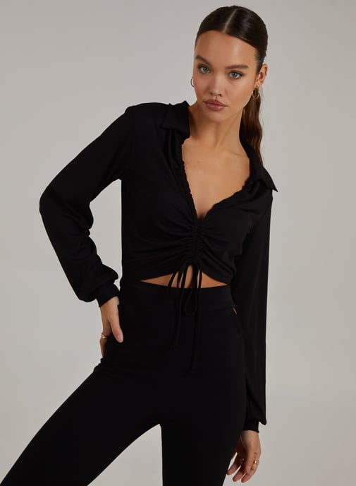 Ribbed Ruched Long Sleeve Collard T-Shirt