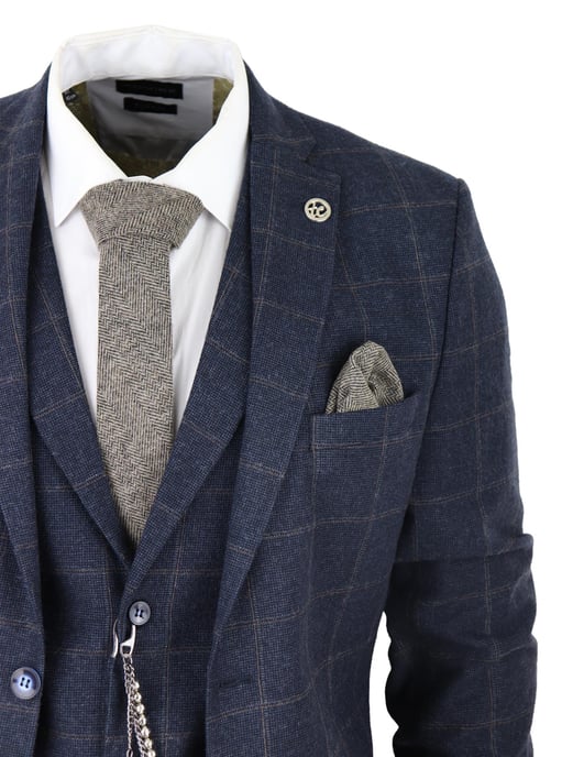 Traje de lana de 3 piezas para hombre, de tweed azul marino a cuadros, Peaky Blinders, estilo Gatsby de los años 20 - Image 4