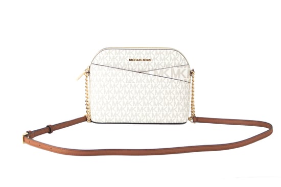 Michael Kors Women's Jet Set Travel Medium Leather X Cross Dome Crossbody Handbag (Vanilla Signature/Gold) - Image 1