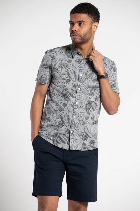 Grey Printed Chambray Short-Sleeve Shirt