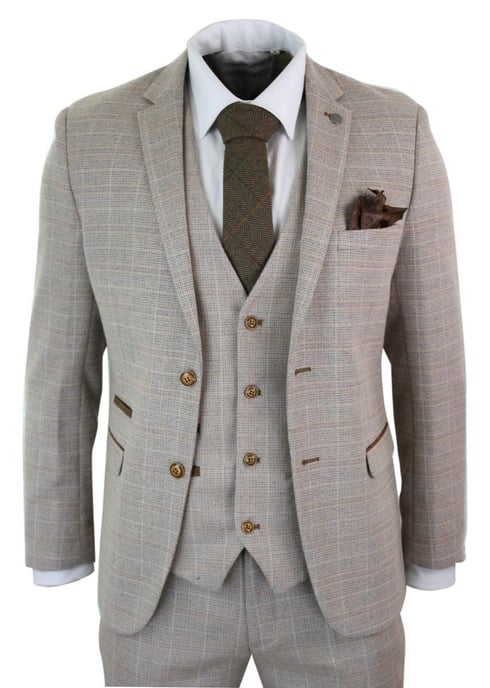 Traje retro vintage de tweed beige a cuadros para hombre de 3 piezas - Image 1