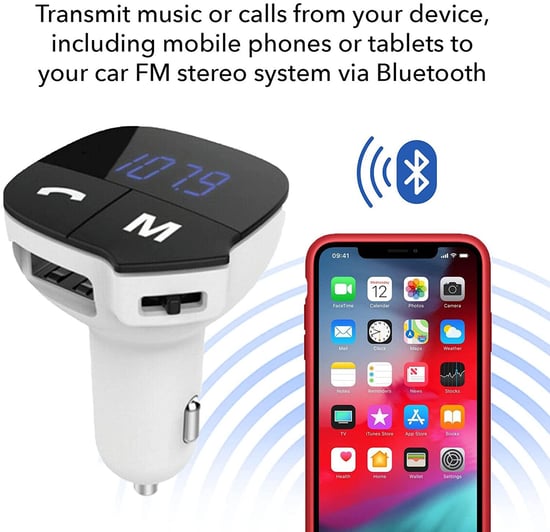 Aquarius Bluetooth Car Adapter FM Transmitter Hands-free Calling, Car Kit - White