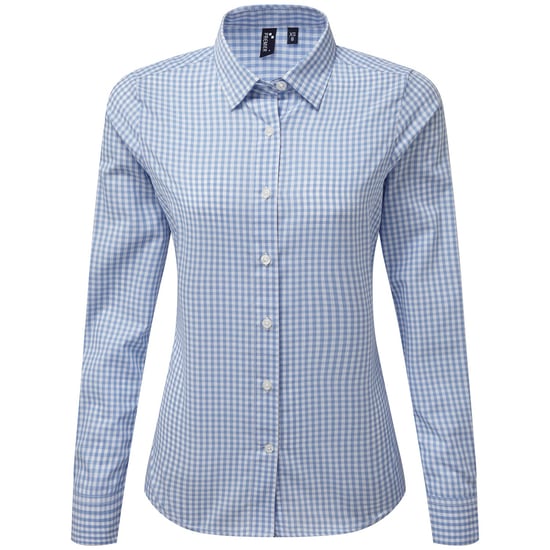 Premier Womens/Ladies Maxton Gingham Long-Sleeved Shirt (Light Blue/White) - Image 1