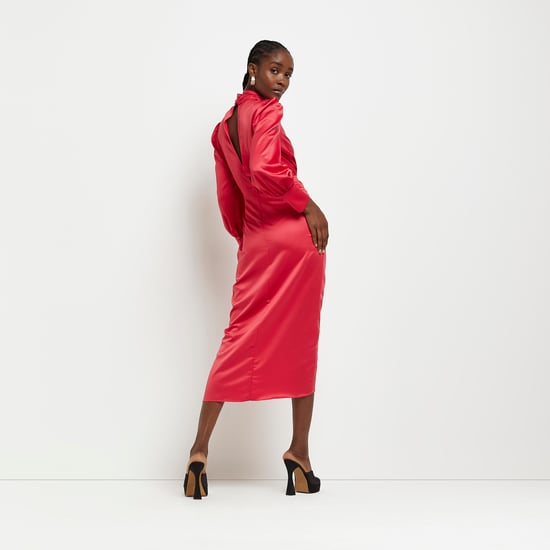 River Island Womens Wrap Midi Dress Red Cut Out Long Sleeve