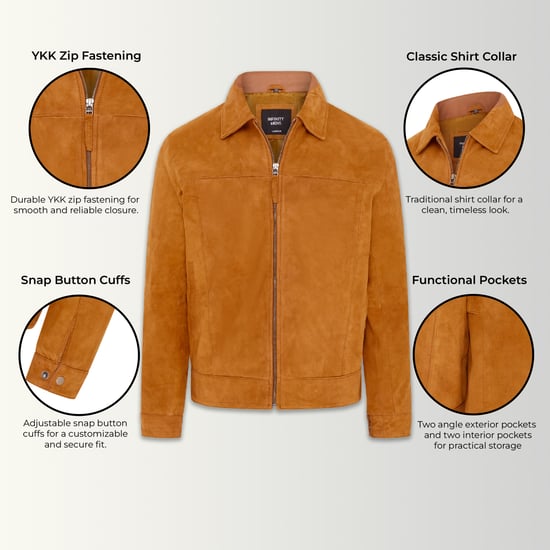 Mens Tan Retro Classic Suede Leather Harrington Biker Jacket - Bryne