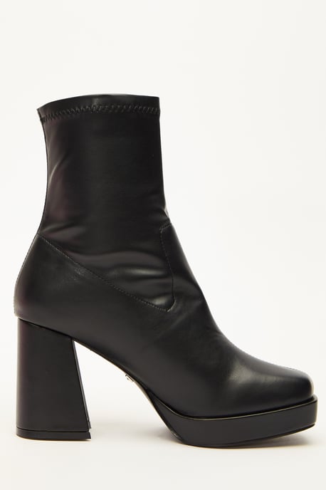 Black Faux Leather Platform Heeled Ankle Boots