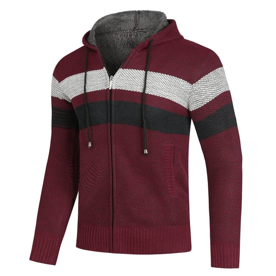 Men's Winter Transition Cardigan with Hood Lined Chunky Knit Hooded Warm Jacket Burgundy - Image 2