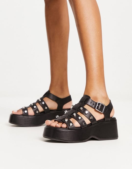 ASOS DESIGN Terra studded fisherman flatform sandals in black