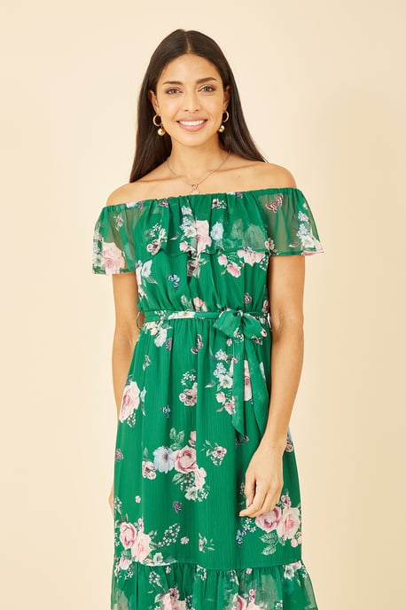 Green Floral Bardot Midi Dress With Frill Hem
