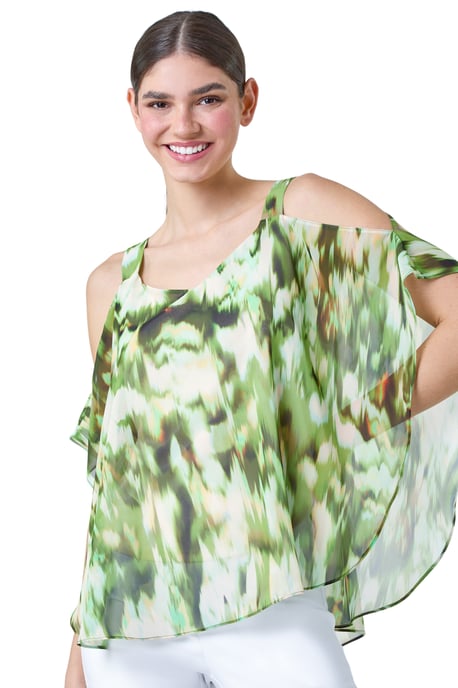 Abstract V-Neck Cold Shoulder Overlay Top