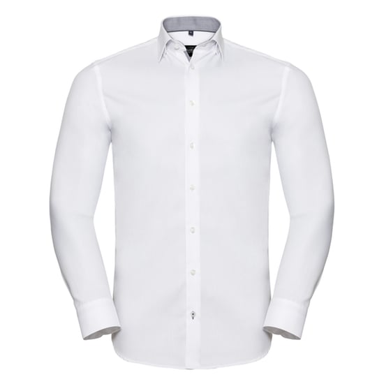 Russell Collection Mens Contrast Herringbone Tailored Long-Sleeved Shirt (White/Silver/Convoy Grey) - Image 1