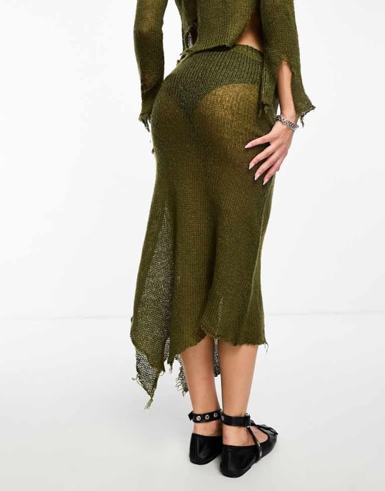 COLLUSION open stitch knitted midi skirt with asymetric hem co-ord in khaki-Green