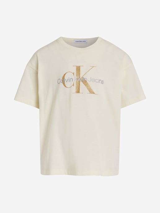 Calvin Klein Girls Glitter Monogram Boxy T-Shirt in Ivory