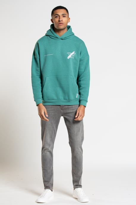 Teal 'Est' Cotton Blend Oversized Hoodie with Kangaroo Pocket