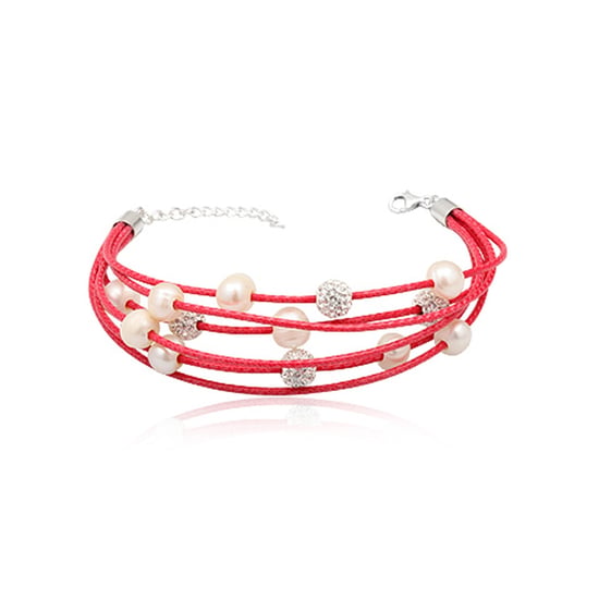Pink 5 rows leather Bracelet, White Pearls White Crystal and 925 Silver - Image 1