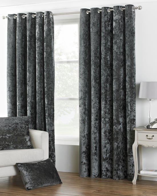 Verona Crushed Velvet Look Eyelet Curtains in Pewter - Image 1