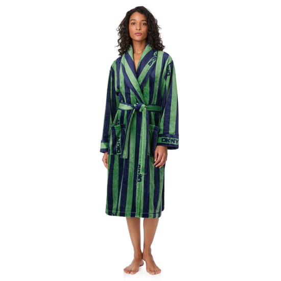 DKNY Bata de forro polar de manga larga y longitud media a rayas verdes - Image 1