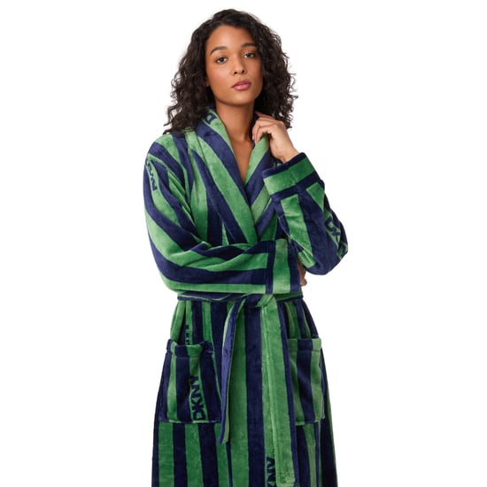 DKNY Bata de forro polar de manga larga y longitud media a rayas verdes - Image 3